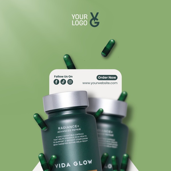 A high-end 1:1 square ad featuring a centered ingestible capsule bottle surrounded by floating product elements on a soft, monochromatic green background.